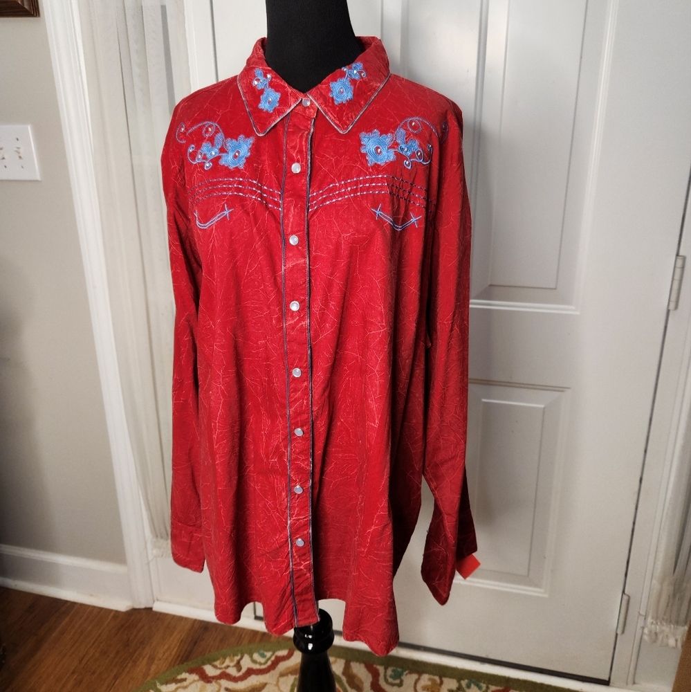 Red Back in the Saddle Long Sleeve Blue Embroidered Women's‎ Shirt  Size 2X